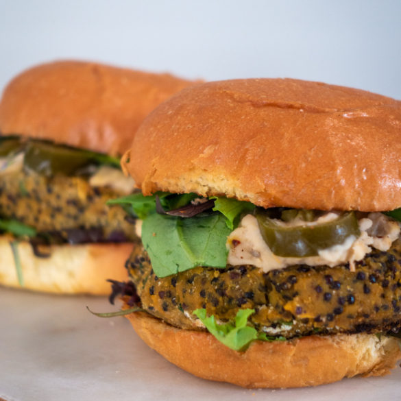 Red lentil, quinoa and sweet potato veggie burger